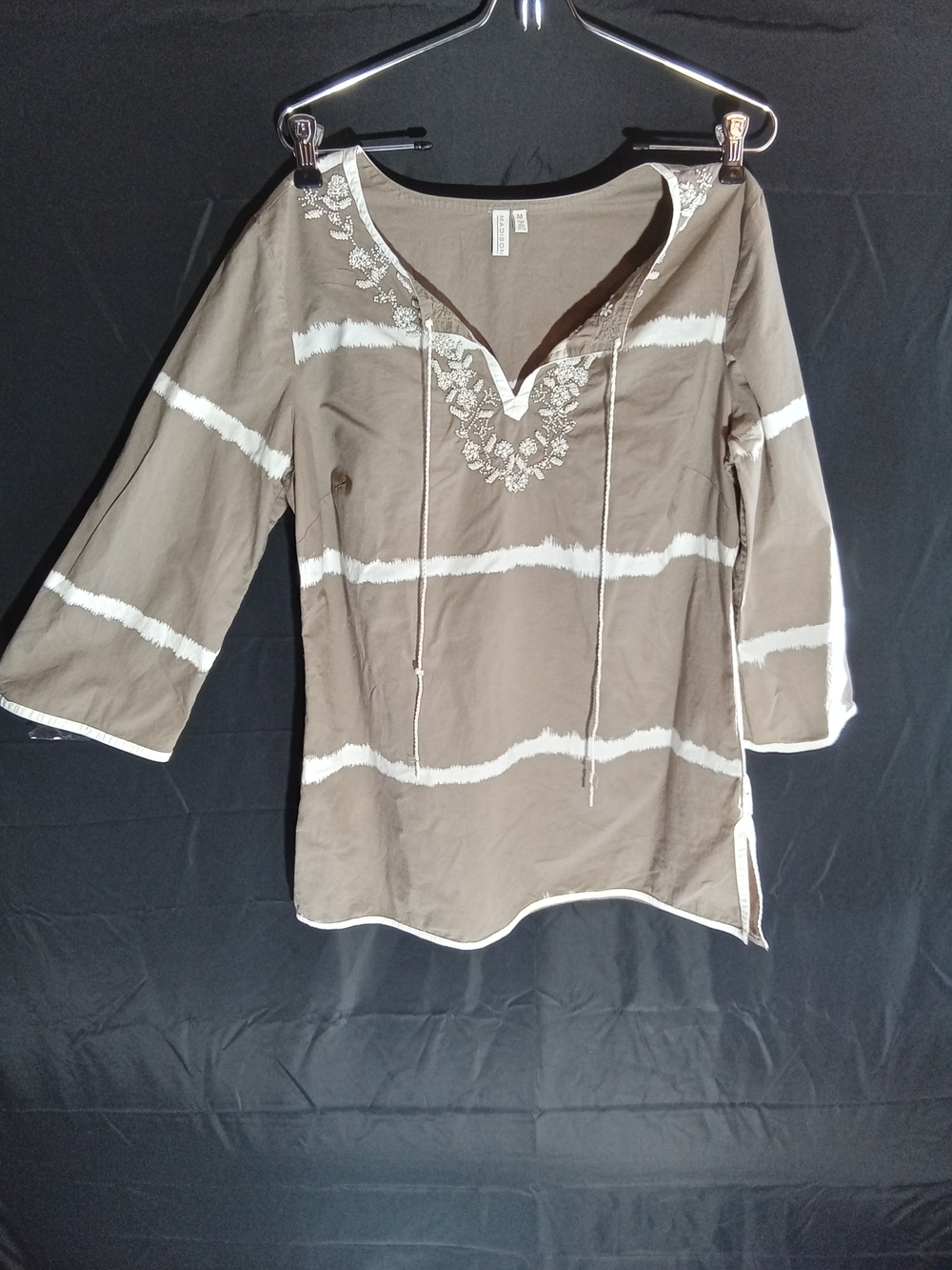 Madison Brown Tunic with White Stripes & Embroidered V-Neck